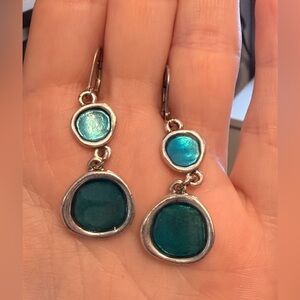 Silver-Tone Teal Drop Earrings - Double Disc Dangle
